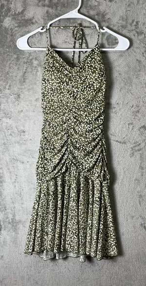 Vintage Y2K Olive Green‎ Ruched Halter Midi Dress Polka Dot Slip Dress Small thumbnail 1