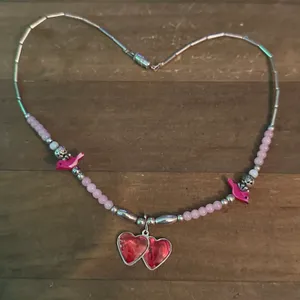 Vintage rose quartz bead abalone double heart and cardinal necklace thumbnail 2