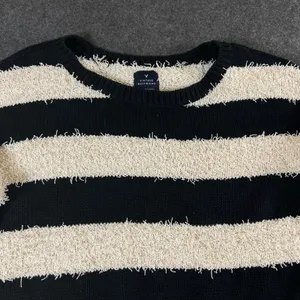 American Eagle Vintage Boyfriend Sweater Black Cream Striped Eyelash Knit Large thumbnail 8