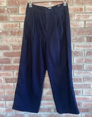 Gap Pleated Linen Blend Pants Trousers Women’s 6 Navy Blue Wide Leg High Rise thumbnail 1