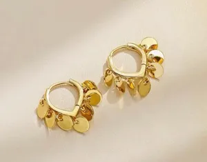 18K Gold Plated Round Disc Tassel Hoop Earrings for Women thumbnail 1