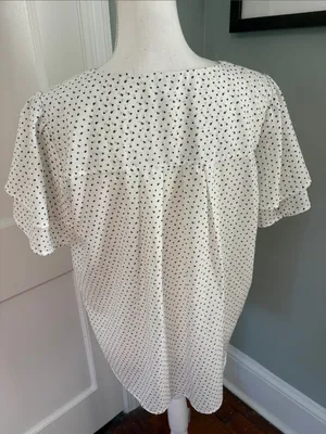 Pleione White V-Neck Short Sleeve Blouse Black Dot Flutter Sleeve Smocked Large thumbnail 4