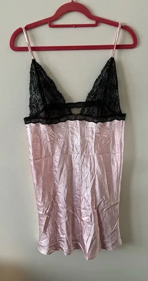 New Women’s Victoria’s Secret Pink Layering Lace Satin Slip Nightgown Babydoll L thumbnail 1