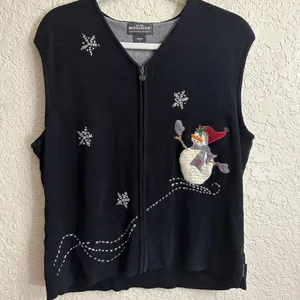 Woolrich Sweater Vest Black L Womens Snowman Snowflake Embroidered Holiday thumbnail 2