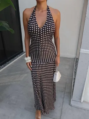 Zara Elegant Brown and White Polka Dot Halter maxi flowy Dress thumbnail 3
