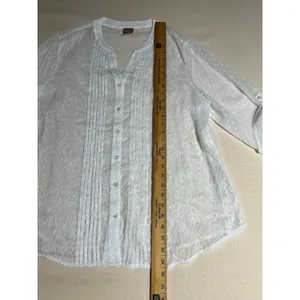 Chicos Sheer Embroidered White 3/4 Sleeve Button Front Pintuck Detail Sz 3 or XL thumbnail 4