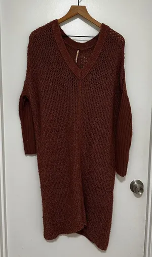 Free People | Women's Rust Brown Oversized V-Neck Knit Sweater Dress, Size S/P thumbnail 1