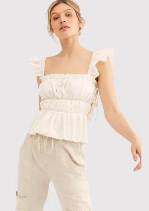 Free People Womens Top Beige Claude Corset Blouse Peplum Cottagecore Boho Medium thumbnail 1