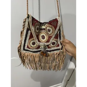ibBan Anthropologie Beaded Boho Hobo Tote Shoulder Fringe Western Bag P thumbnail 3