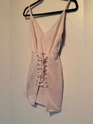 Nude Faux Suede Lace Up Bodycon Mini Dress | Blush Pink | Corset Detail | Small thumbnail 3