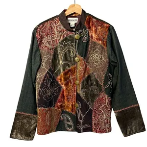Vintage Womens Artsy Velvet Denim Patchwork Tapestry Jacket Size S Boho thumbnail 1