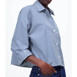 Madewell Straight-Hem Button Up Cropped Shirt in Blue / White Stripe Size Large thumbnail 2