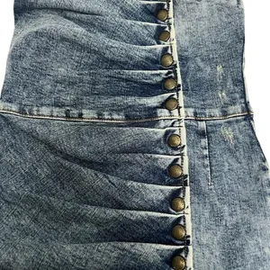 Retrofête Megh Strapless pleated Denim Mini Dress Marble Sky Button Front XS thumbnail 8