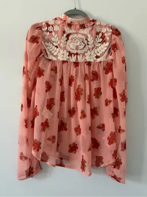 Free People Pink Red Patricia Floral Embroidered Sheer Long Sleeve Boho Blouse M thumbnail 6