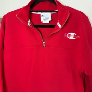 Champion Red Quarter Zip‎ Sweatshirt Logo Athletic Pullover Top Women Small thumbnail 4