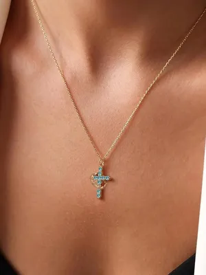 Gold-Tone Cross Pendant Necklace with Blue Crystal Accents thumbnail 4
