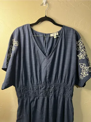 She + Sky Blue Embroidered Boho Midi Dress Rayon Cotton Cottagecore thumbnail 3