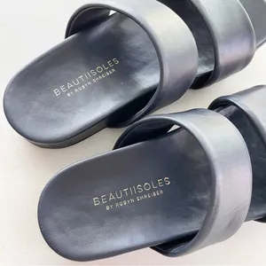 Beautiisoles Navy Blue Double-Strap Leather Minimalist Summer Slide Sandals thumbnail 2