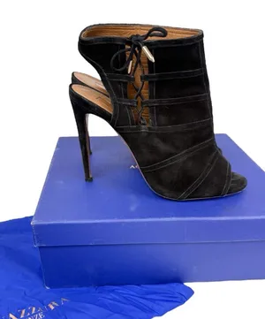 Aquazzura Oui Baby 105 Black Suede Lace Up Peep Toe Stiletto Bootie Size 39/US 9 thumbnail 1