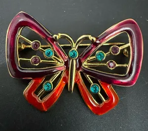 Vintage Gold-tone Red/Plum Butterfly Brooch thumbnail 1