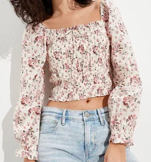 American Eagle smockedPuff Sleeve SquareNeck Blouse thumbnail 1