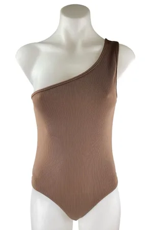 Bacio Women's Brown Rib Knit Sleeveless One Shoulder Yoga Bodysuit Tank Top Sz S thumbnail 1