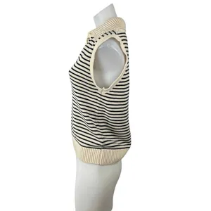 NetWork Women's Cream Black Striped Sleeveless Knit Polo Vest Sweater Top Size S thumbnail 3