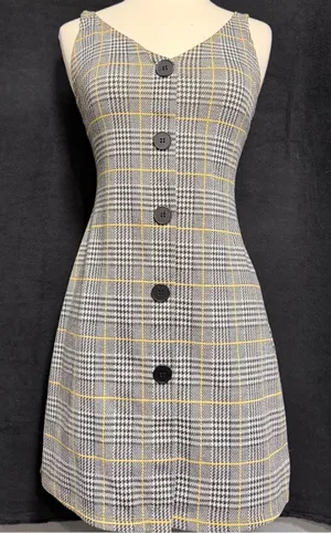 Grey‎ Yellow Plaid Button Front Mini Dress Sleeveless V-Neck A-Line Pinafore thumbnail 1