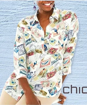 Chicos‎ Women's Linen Postage Stamp 3/4 Sleeve Button-up Top Sz L (2) Travel thumbnail 1