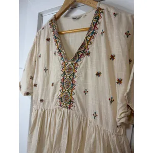 Max Women Cream Cotton Boho Embroidered V-Neck Ruffle Hem Mini Dress thumbnail 14
