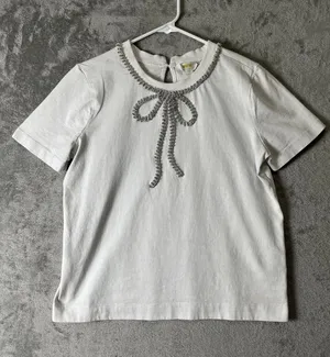 Maeve Anthropologie White Cotton Embellished Bow Neck Short Sleeve Top Small thumbnail 1