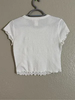 Altar’d State Small White Smocked Crop Top Lettuce Edge Baby Tee Coquette thumbnail 7