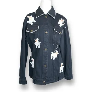 Vintage Y2K Quacker Factory Black Denim Jacket‎ White Poodle Embroidered Dog thumbnail 3
