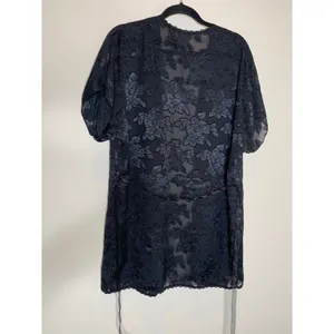 Vintage Black Satin Robe Floral Semisheer Fabric Sz Medium Dressing Gown thumbnail 7