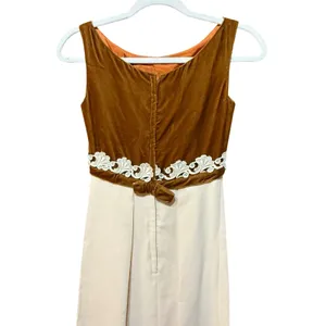 Vintage 60s Bronze Velvet‎ Lace Trim Empire Waist Maxi Dress Cream Column thumbnail 3