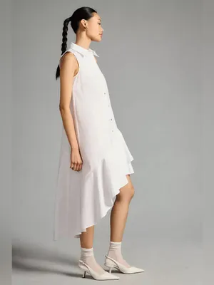 Anthropologie Maeve Sleeveless Button Down Tiered Ruffle White Midi Dress S thumbnail 3