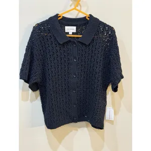 Lucky Brand Pointelle Camp Shirt Open Knit‎ Cardigan Fisherman Collared Size S thumbnail 2