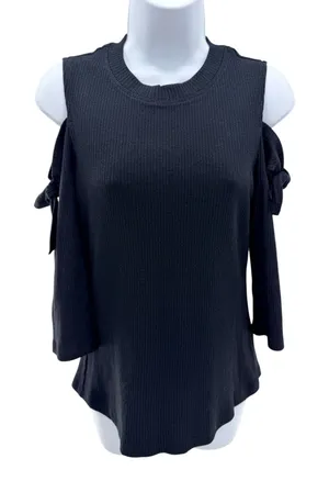 Rebecca Taylor Black Cold Shoulder Ribbed Knit Top Tie Sleeve Open Shoulder NWT thumbnail 1