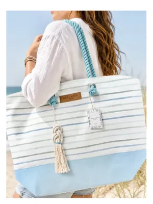 Laura Ashley Blue Striped Canvas Tote with Rope Handles thumbnail 1