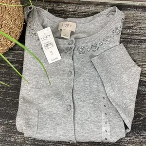 Ann Taylor Gray Rhinestone Collar Trim Button Down 3/4 Sleeve Cardigan Sweater S thumbnail 4