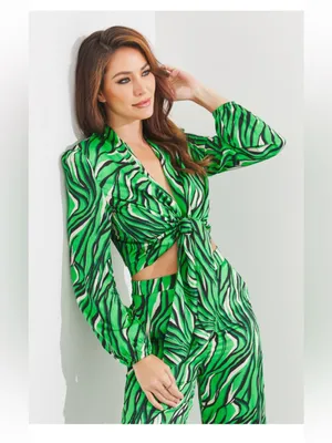 Green Zebra Print Tie Front Top & Wide Leg Pants Set Size M NWT thumbnail 5