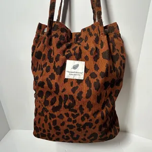 Leopard Print Corduroy Tote‎ Bag Brown Black Animal Pattern Snap Closure Lined thumbnail 3