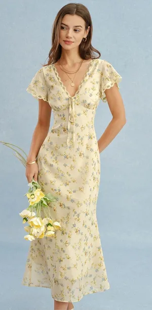 Rihoas Yellow V Neck Lace Floral Maxi Dress thumbnail 1