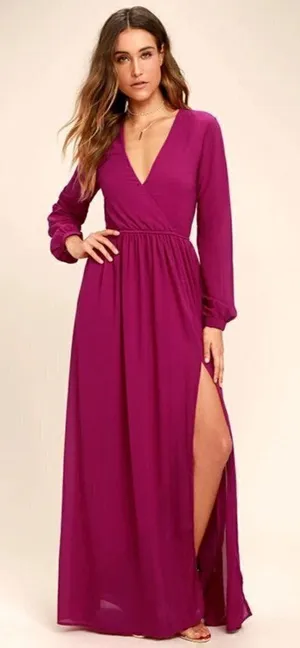 Lulu's‎ Wonderous Water Lilies Magenta Pink Long Sleeve Maxi Dress XS thumbnail 1