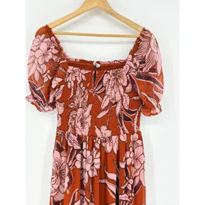 Patrons of‎ Peace Floral Midi Dress Medium Rust Pink Smocked Puff Sleeve Boho thumbnail 3
