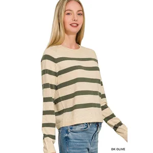 Zenana Lightweight Wool Blend Striped Round‎ Neck Sweater - Medium thumbnail 3