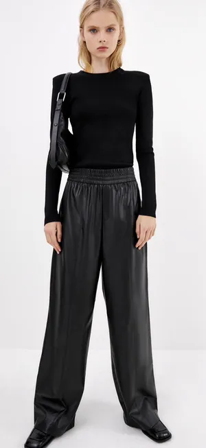 ZARA Black Faux Leather Wide Leg Pants Trousers thumbnail 4