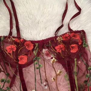 NEW IN PACKAGE! Wine velvet, sheer, embroidered, under wire‎ body suit thumbnail 4