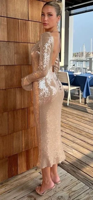 NEW Alix Earle Gold Sequin Open Back Cocktail Midi Dress thumbnail 3