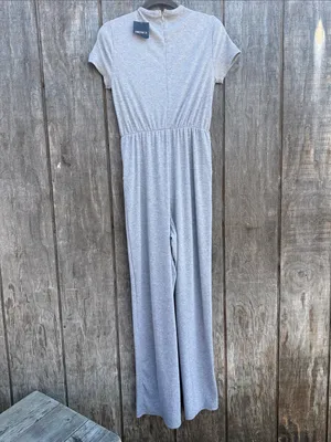 Forever 21 Light Gray Short-Sleeve Knit Wide Leg Jumpsuit Elastic Waistband S thumbnail 6